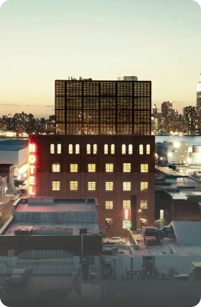 Wythe Hotel in Brooklyn, New York at sunset